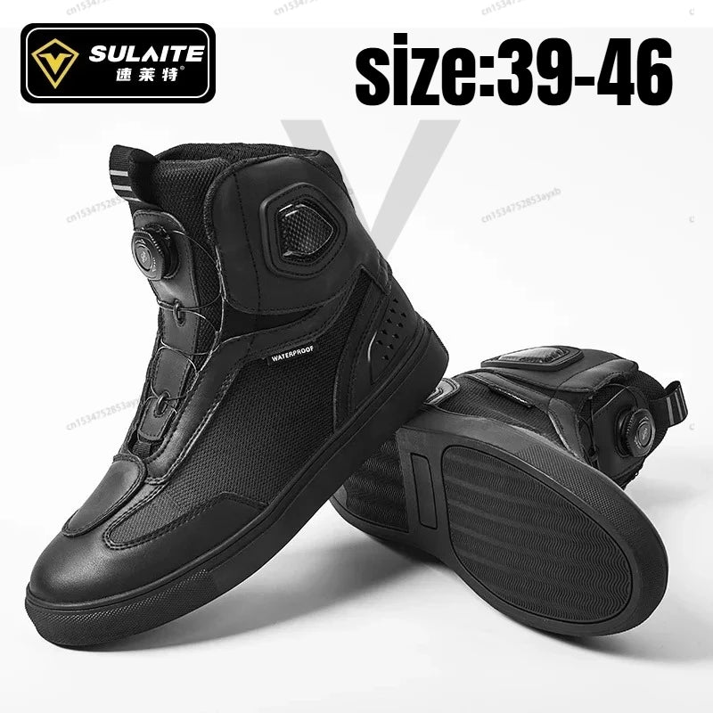 Sulaite Motorcycle Boots Men Waterproof Motorcyclist Boots Black Leather Motocross Boots Breathable Moto Biker Shoes