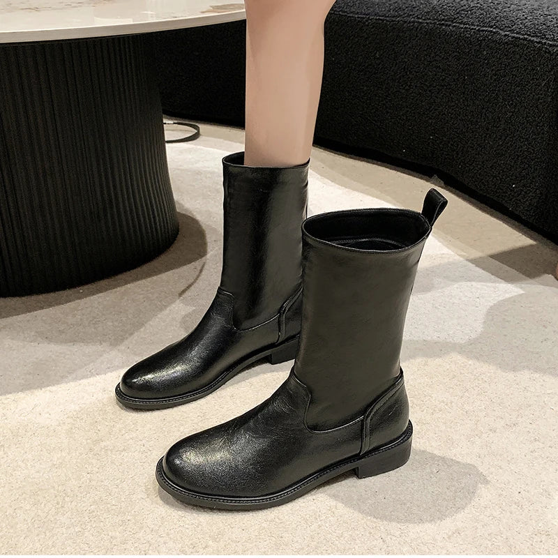 Autumn Winter Women Mid Calf Boots Female Round Toe Slip On Shoes Street Style Motorcycle Botas Mujer