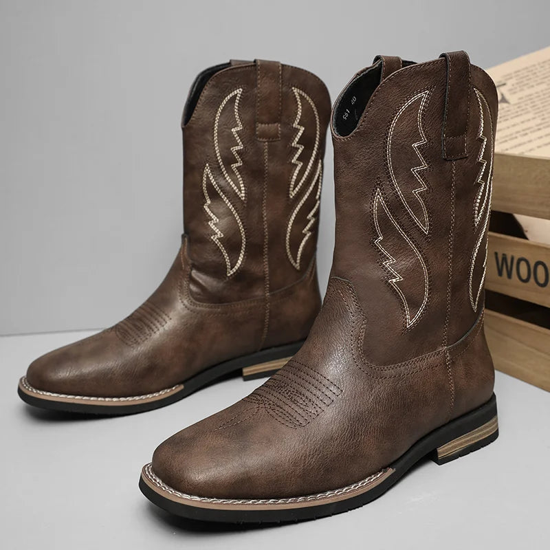 Western Style Cowboy Chelsea Boots Vintage Mid-calf Boots Pointed Toes Classical Shoes Genuine Leather Worker Winter Booties