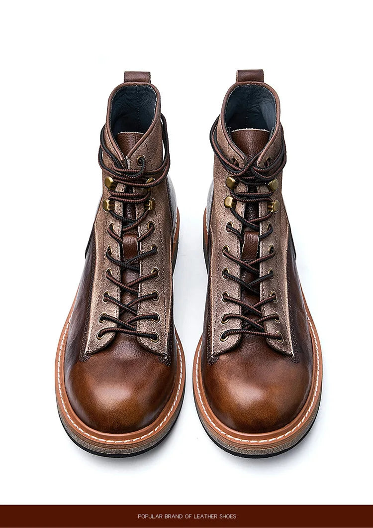 Retro Leather Men Motorcycle Boots High Top Motorbike Riding Boots Fashion Comfortable Ankle Boots Trekking Outdoor Shoes Brown