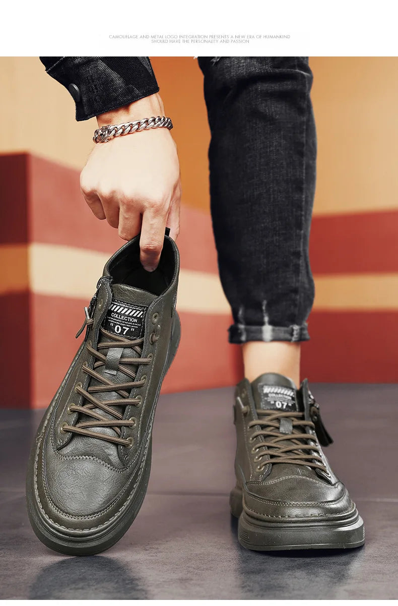 Leather Boots for Men Zipper Man Sneakers Fashion Ankle Boots High Top Man Boots Solid Sports Shoes 2024 Trend Motorcycle Boot