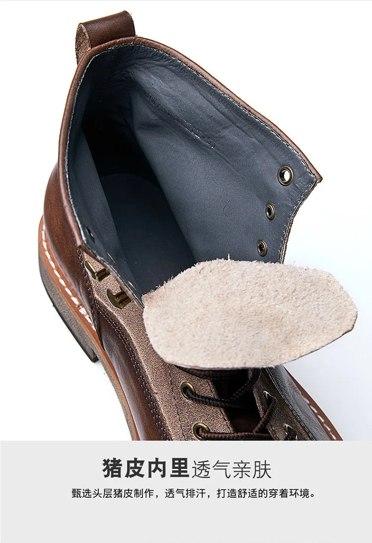 Retro Leather Men Motorcycle Boots High Top Motorbike Riding Boots Fashion Comfortable Ankle Boots Trekking Outdoor Shoes Brown