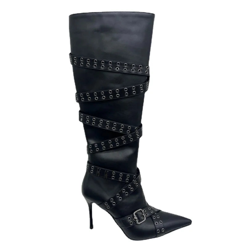 Brand Cross Strap Riveted Retro Silvery Knee High Boots New Spicy Girl Pointed High Heel Motorcycle Boots Fashion Women Shoes