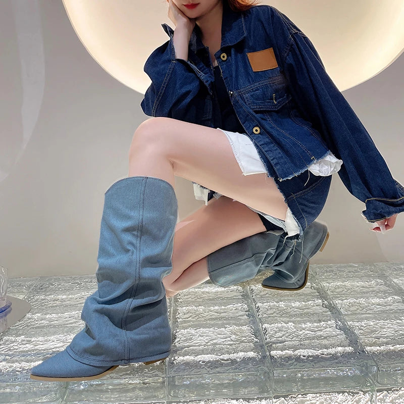 2023 New Knee High Knight Boots Pointed Toe Chelsea Boots Women Shoes Autumn Winter Brand Gladiator Goth Snow Motorcycle Boots