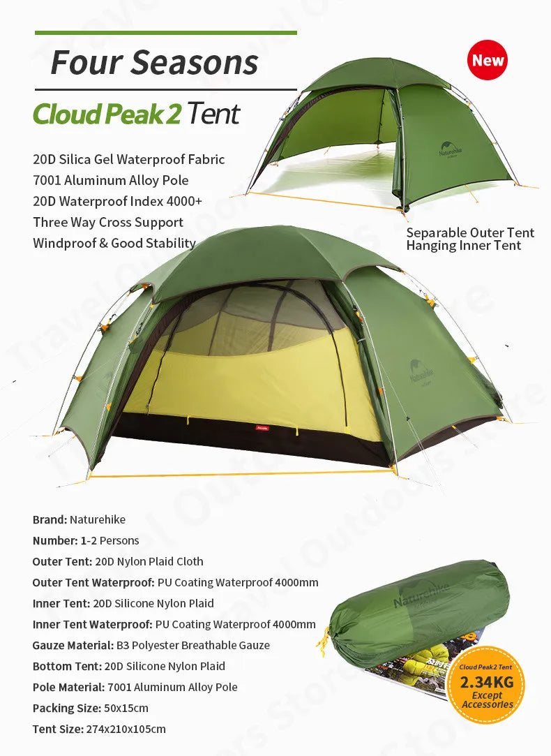 Naturehike 15D Cloud Peak Camping Tent Outdoor Camping Ultralight 2 Persons 15D Silicone 4 Seasons Hiking Tent With Free Mat
