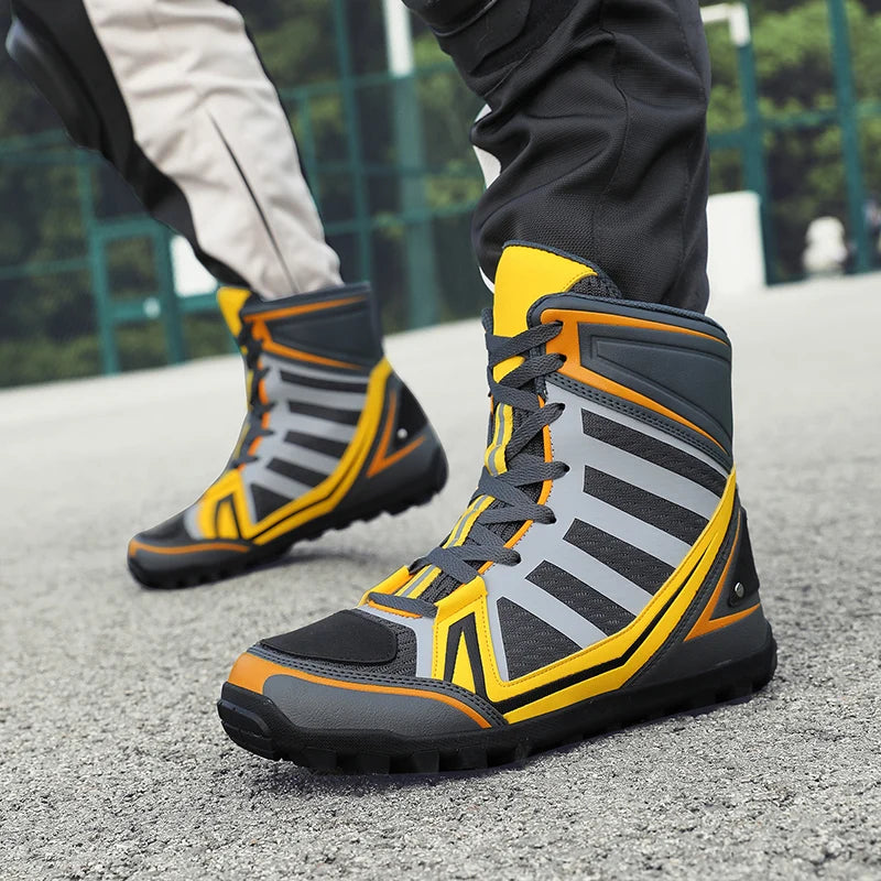 Men's Motorcycle Boots New Breathable Stripe Motos Riders Shoes Outdoor Motocross Protective Boots Hiking Non-slip Sports Shoes