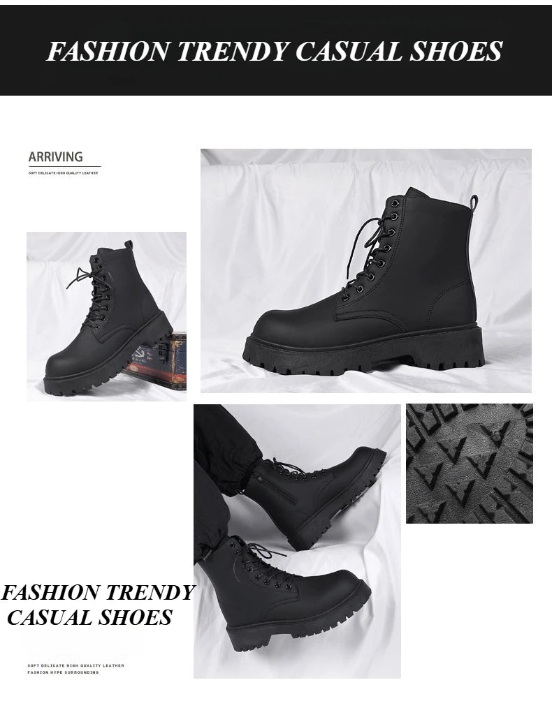 Black Leather Boots for Men High Top Platform Lace Up Light Fashion Motorcycle Boots British Style Men's Waterproof Casual Boots
