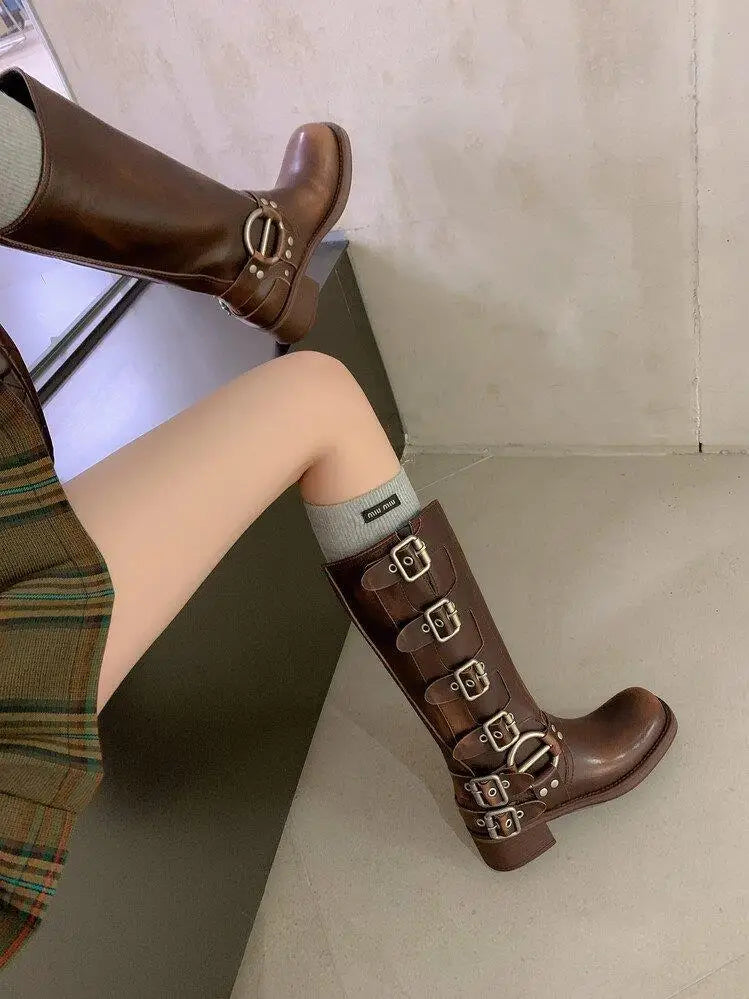 Metal Buckle Square Toe Knee High Boots Women Black PU Leather Punk Long Boots Woman Autumn 2025 Chunky Heels Motorcycle Booties