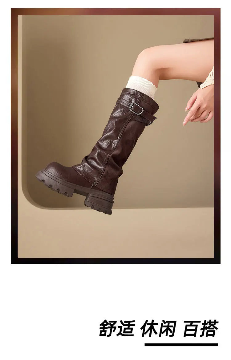 Fujin 8cm Knee High Boots Sexy for Women Platform Heel Motorcycle Booties Punk Genuine Leather Autumn Comfortable Chunky Shoes