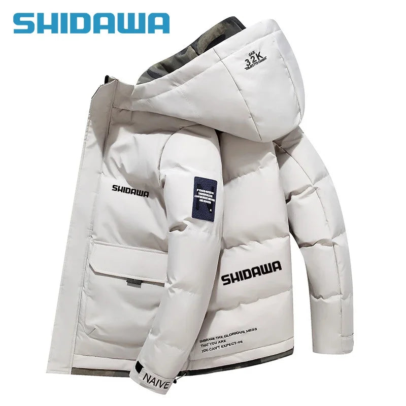 New Men suit Autumn Winter Warm Fishing Clothes Set Casual Thickened Hooded Down Cotton Jacket + Fleece Waterproof Fishing Pants