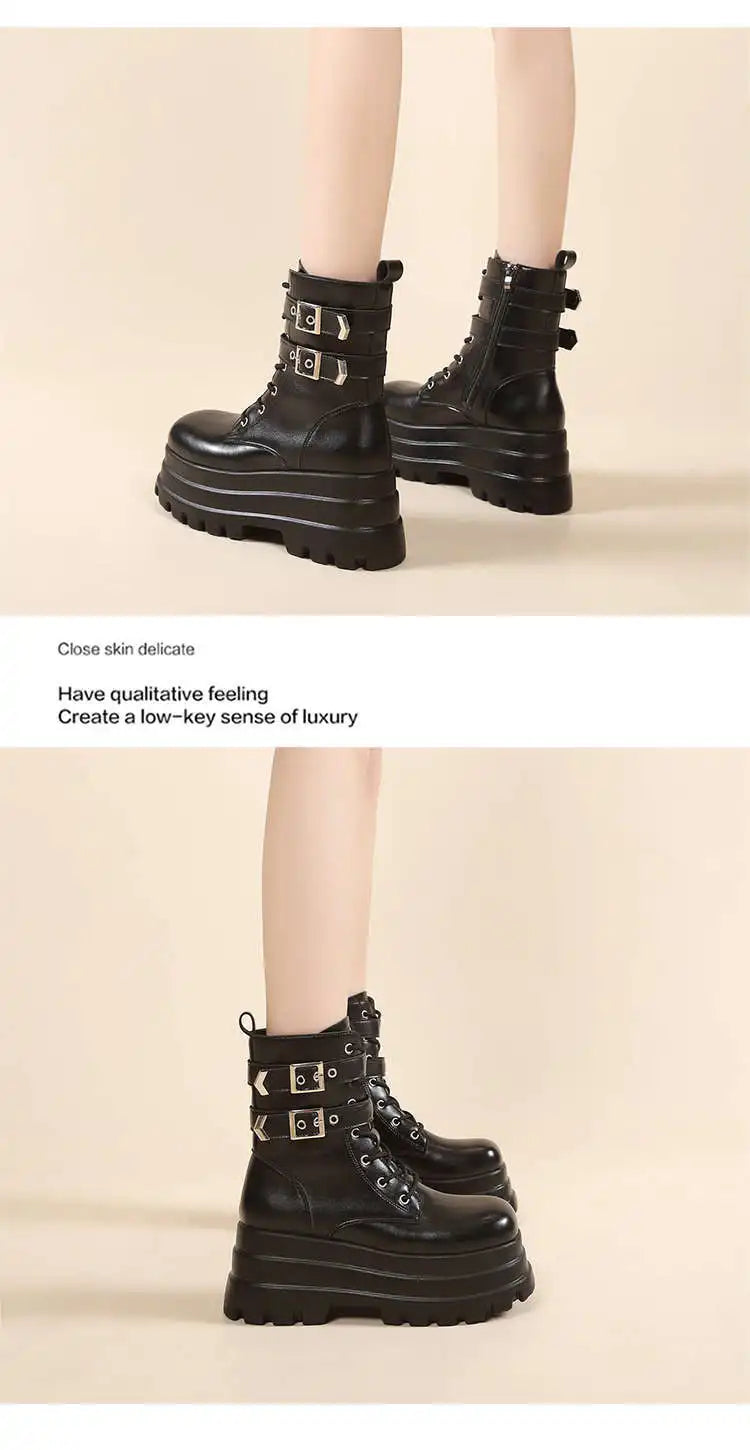 Women Boots British Belt Buckle 2025 Autumn New Height Increasing Thick Soled Short Boot Lace Up Zipper Fashion Motorcycle Boots