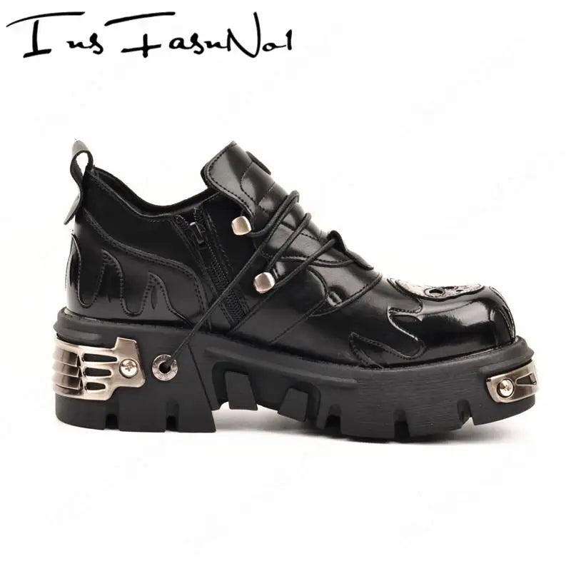 New Men's Gothic Skull Boots Black Women Shoes Designer Punk Metal Platform Walking Sneakers Skeleton Metal Buckles Ankle Boots