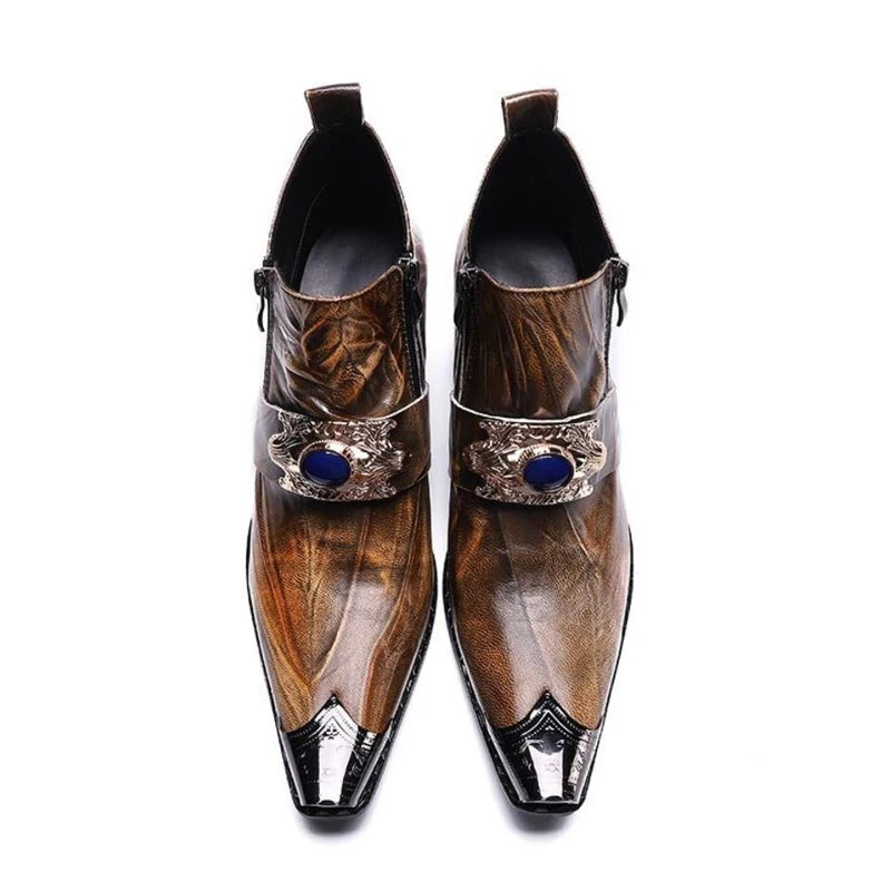 Western men's booties leather shoes pointy brown leather ankle boots men's zipper 6.5cm high heels motorcycle shoes