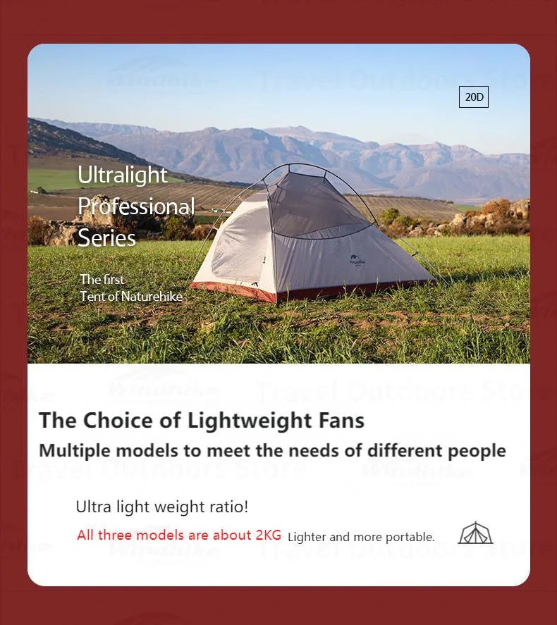 Naturehike Cloud Up Hiking Tent 210T/20D Silicone Double Layer 2 People Tent Ultralight Portable Aluminum Pole Camping Tent