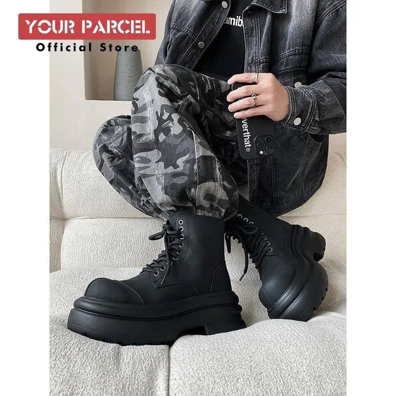 Black boots for men thick sole 7CM height increase high top motorcycle boots trendy and fashionable outdoor workwear shoes