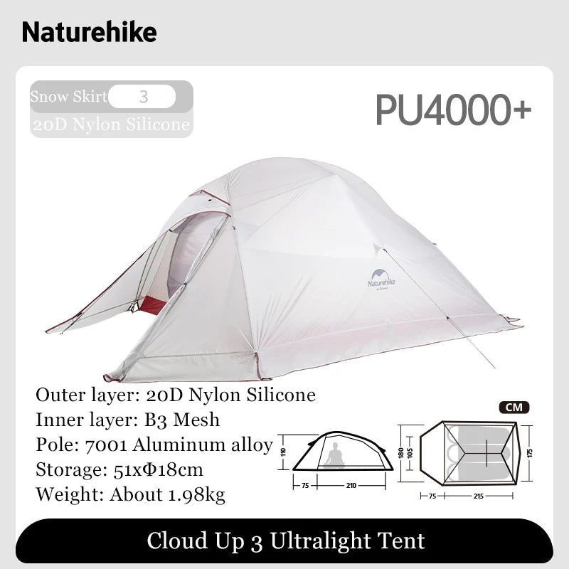 Naturehike Outdoor Upgrade Cloud Up 2 3 Person Tent 20D Nylon Silicone Double Layer Aluminum Pole Ultralight Camping Hiking Tent