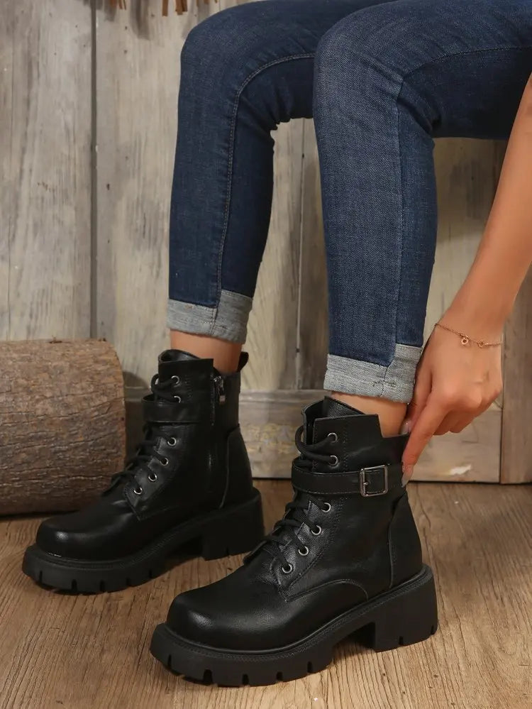 Platform Women Boots Fashion High Quality Women Ankle Boots Retro Round Toe  Motorcycle Boots Punk Style Women Shoes Botas Mujer