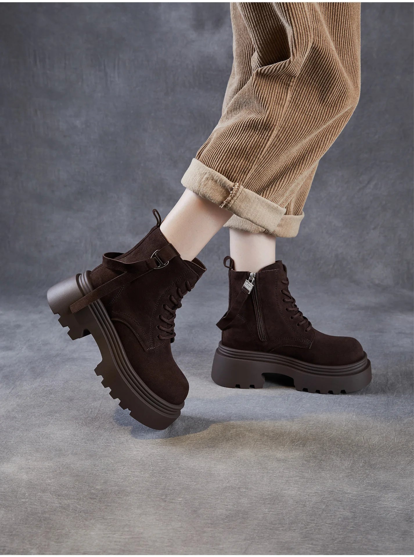 6.5cm Cow Suede Genuine Leather Women Booties Elthnic Pumps Comfy Ankle Knee High Spring Motorcycle Shoes Flats Platform Wedge