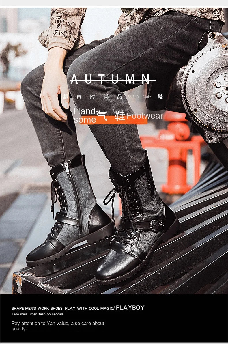 Retro Mid-Carf Punk Boots Winter Men's Plus Velvet Motorcycle Boots All-match Tooling Shoes Denim Mid-high Boots Men botas mujer