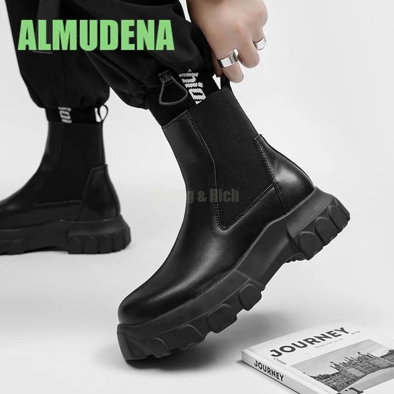 Thick Soled Chelsea Boots Men's Trendy High Top Boots Retro Handsome Motorcycle Boots Versatile Ankle Boots and Short Boots