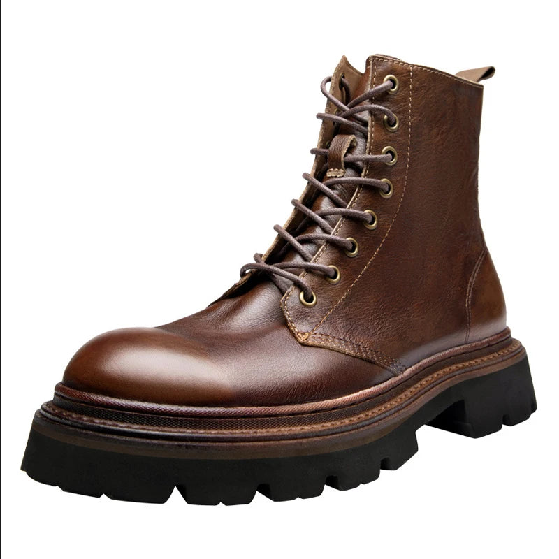 Motorcycle Boots Men Genuine Leather Retro Motorbike Ankle Boots Thick Soled Wear Resistant High Top Cowhide Shoes EU 38-44