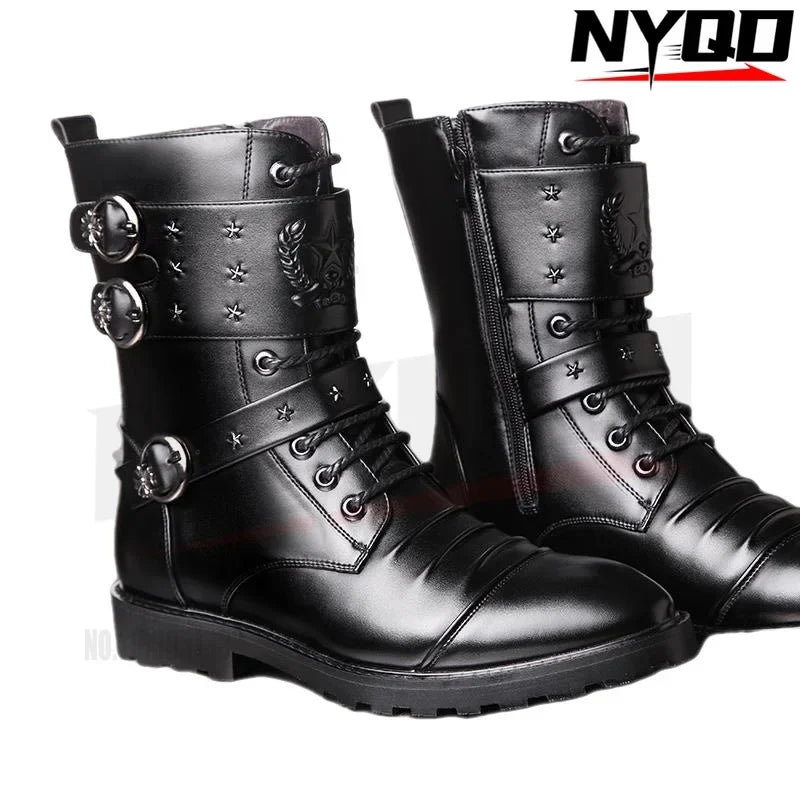 Men's boots winter warmth velvet function metal high-tube cycling boots height-increasing shoes motorcycle boots black 37-48