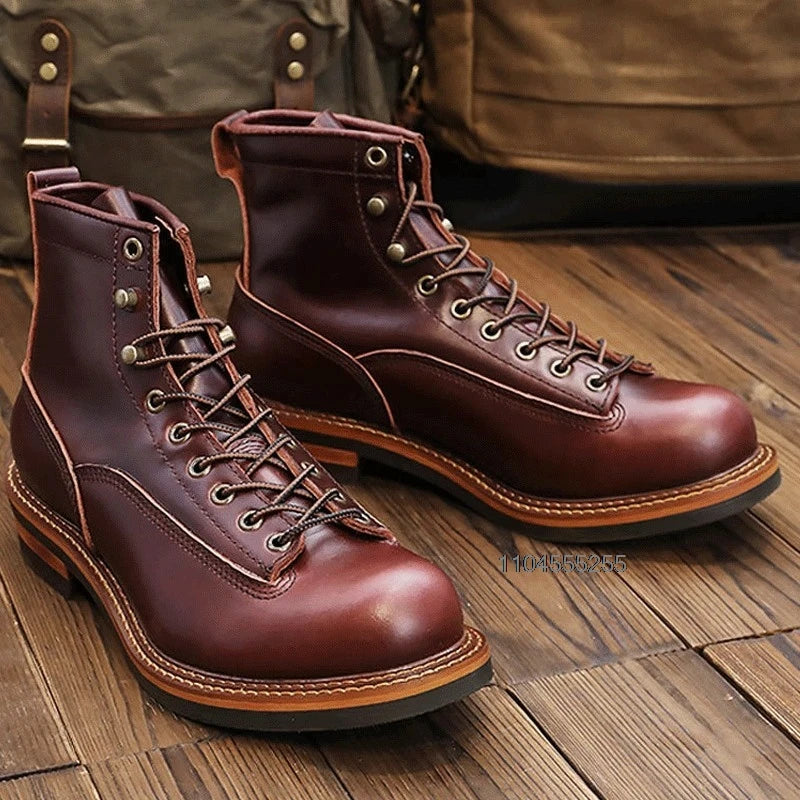 Vintage Motorcycle Boots Men Ankle Boots Non-Slip Cowhide Leather Shoes Desert Boots Casual Retro Motorcycle Shoes