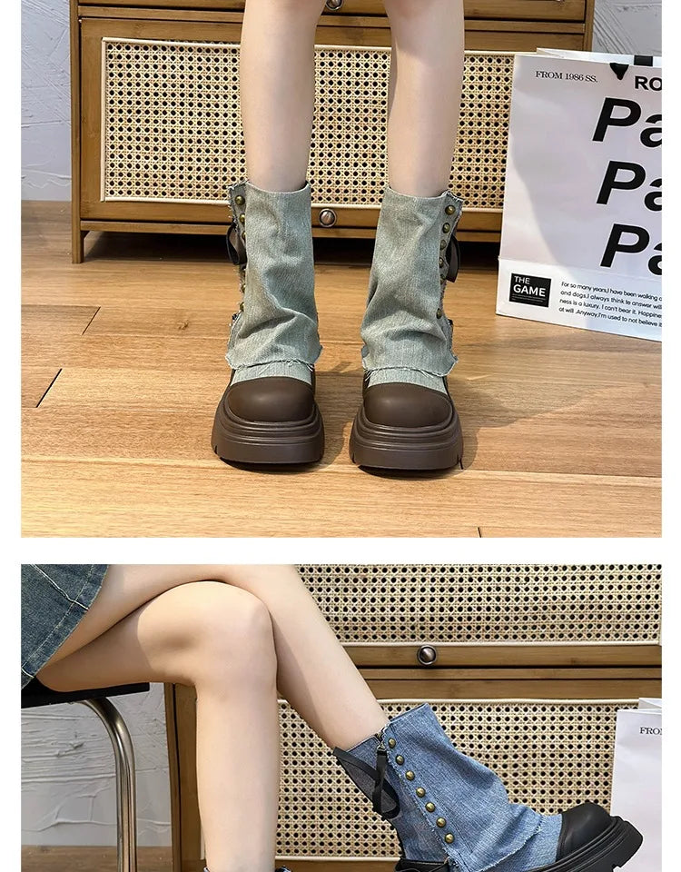 Fall Student Fashion Ankle Boots New Canvas Cowboy Shoes Women's Outdoor Platform Boots Luxury Designer Brand Motorcycle Boots