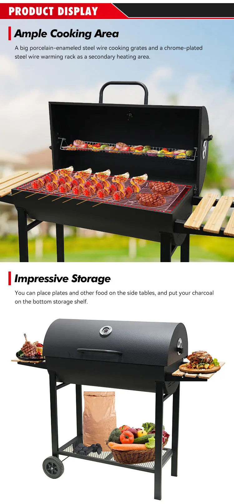 Heavy Duty Garden Barrel Trolley Barbeque Grill Outdoor Smoker Barbecue Grill Charcoal Bbq Grill with Side Table