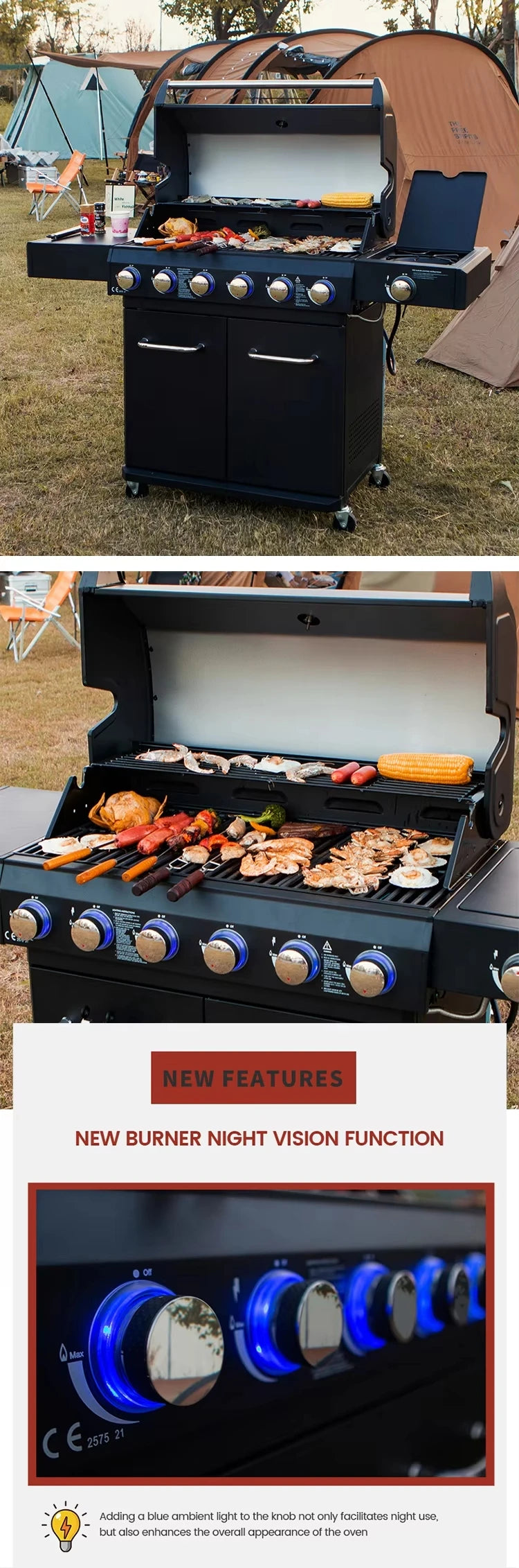 Trolley BBQ Stove  Outdoor Propane Gas BBQ Grill Commercial Gas Barbecue Restaurant  Smokeless 6 burner  BBQ Grills