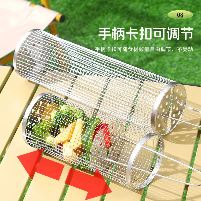 304 Stainless Steel Barbecue Cylindrical Mesh Grill Basket, Picnic Barbecue Supplies, Smoked Barbecue Rolling Cylinder