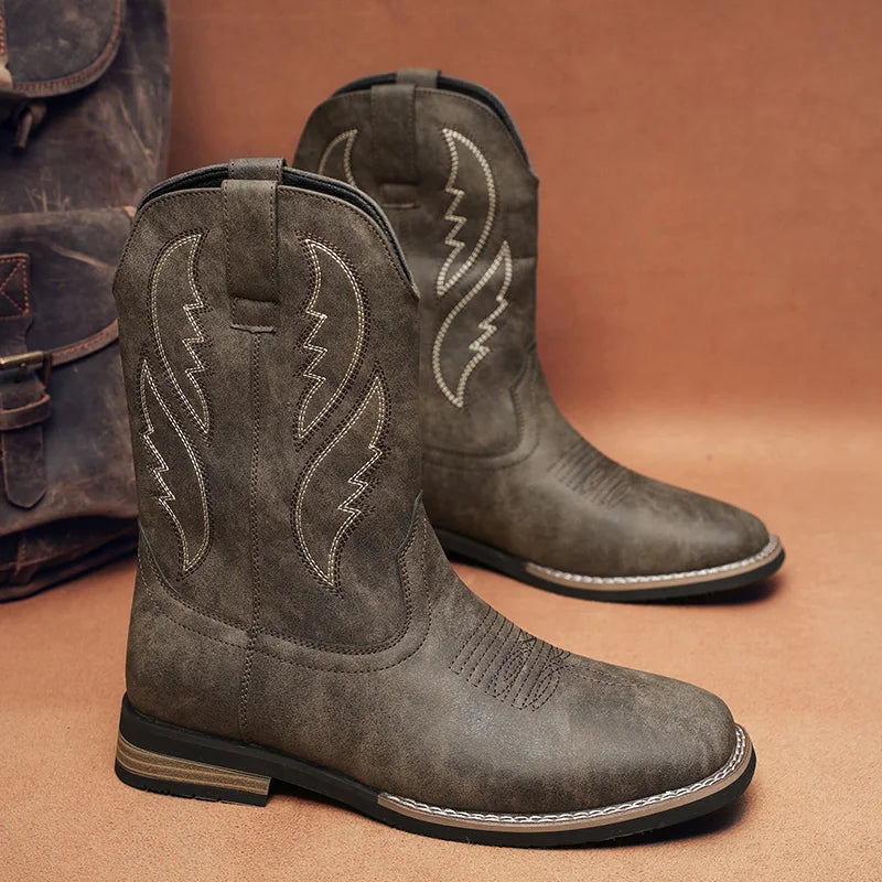 Western Style Cowboy Chelsea Boots Vintage Mid-calf Boots Pointed Toes Classical Shoes Genuine Leather Worker Winter Booties