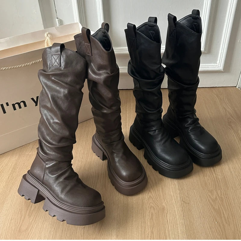 Size 35-42 Big Round Toe Punk Block Heel Motorcycle Boots Platform Lace-Up Mid Calf Work Boots Cool Fashion Boot