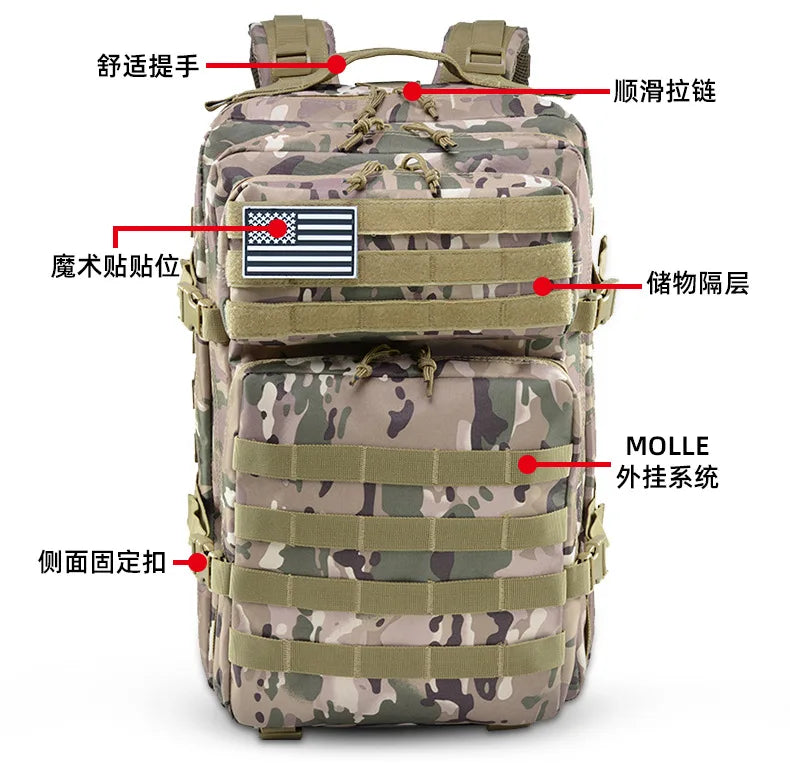 50L 1000D Nylon Waterproof Tactical Military Backpack 3 Day Assault Pack Molle Bag Outdoor Hiking Climbing Camping Army Rucksack