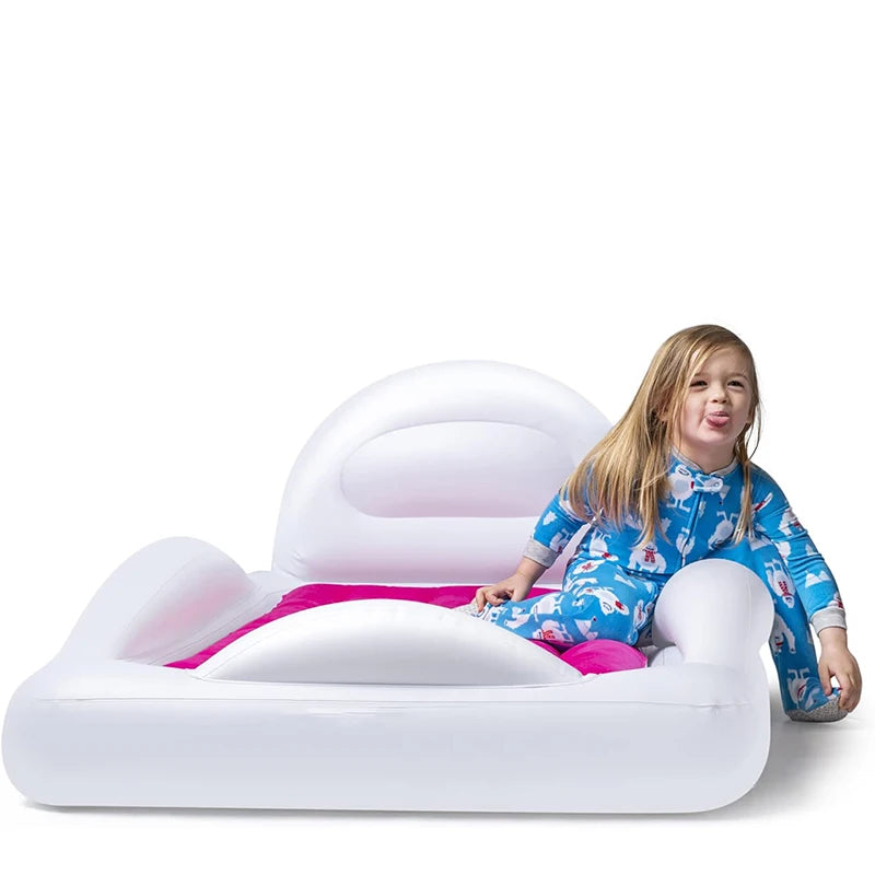 Inflatable Toddler Travel Bed with Safety Bumpers Backrest` Portable Kids Air Mattress Sleeping Bag Lazy Sofa for Travel Camping