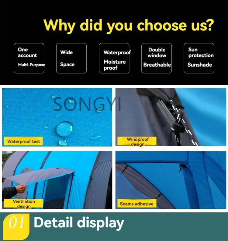 New Exercise BBQ Camping Large Tunnel Tent One Room Two Living Rooms Rainproof Ten People Outdoor Equipment Camping Supplies