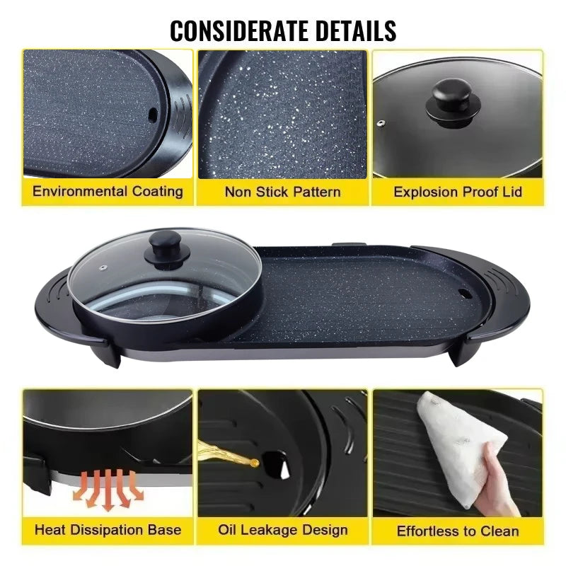 2200W Electric Barbecue Pot 2-in-1 Hot Pot Barbecue Pot Smoke-free Fast and Uniform Heating Independent Dual Temperature Control