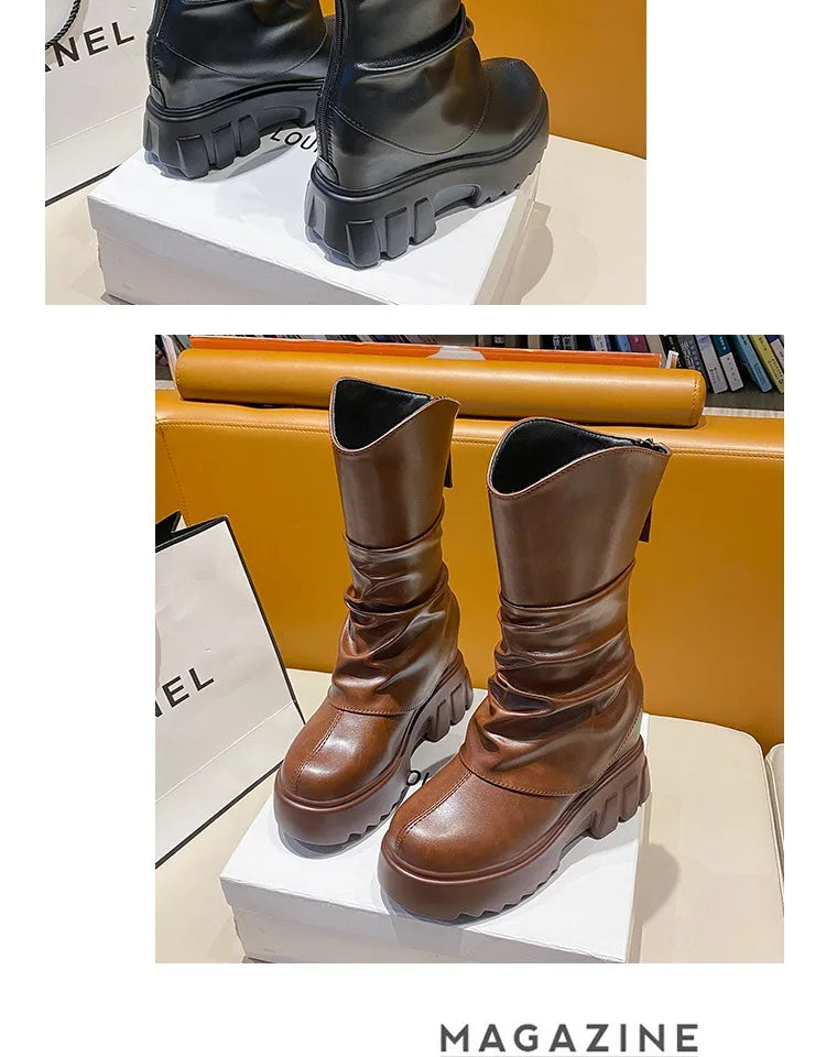 9CM Women Mid Calf Boots Autumn Winte Soft Leather Motorcycle Boots High Platform Square Heels Ladies Chunky Shoes Botas Mujer
