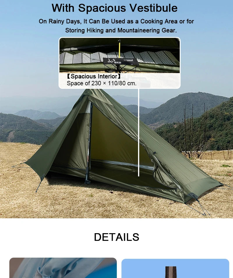 EMER 2 Person 1 Person Outdoor Ultralight Camping Tent 4 Season Professional 20D Silnylon Rodless Tent Hiking Portable Tent