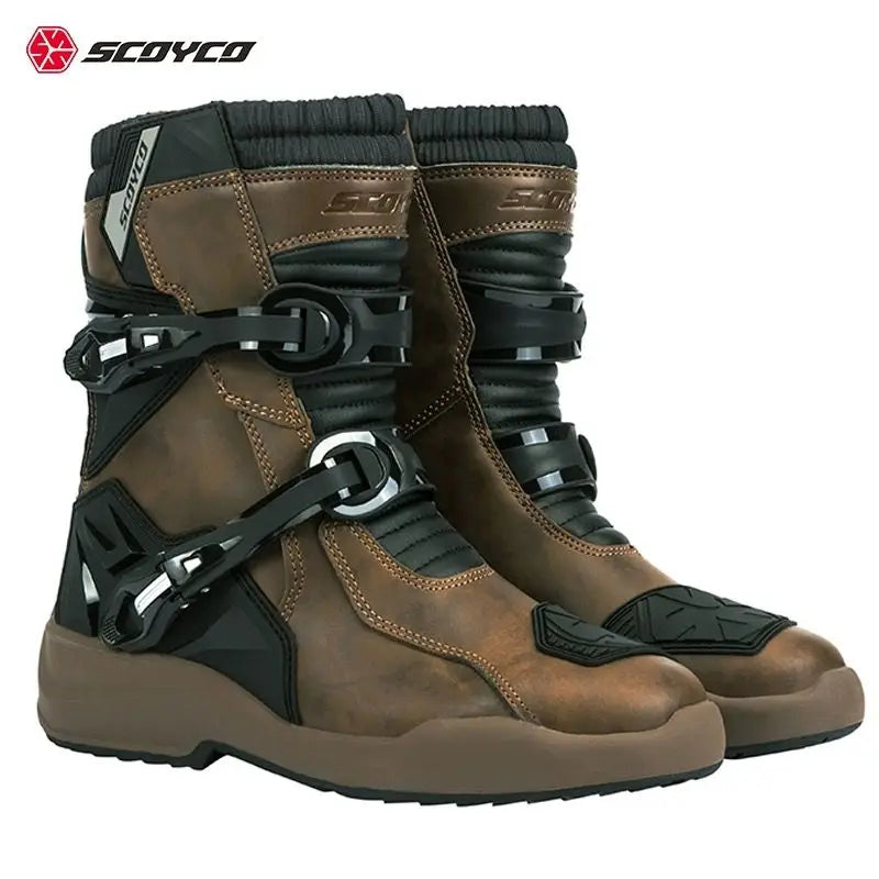 Scoyco Enduro Motorcycle Boots Waterproof Motorcyclist Botas Brown Leather Motocross Boots Off Road Racing Black For Men Knight