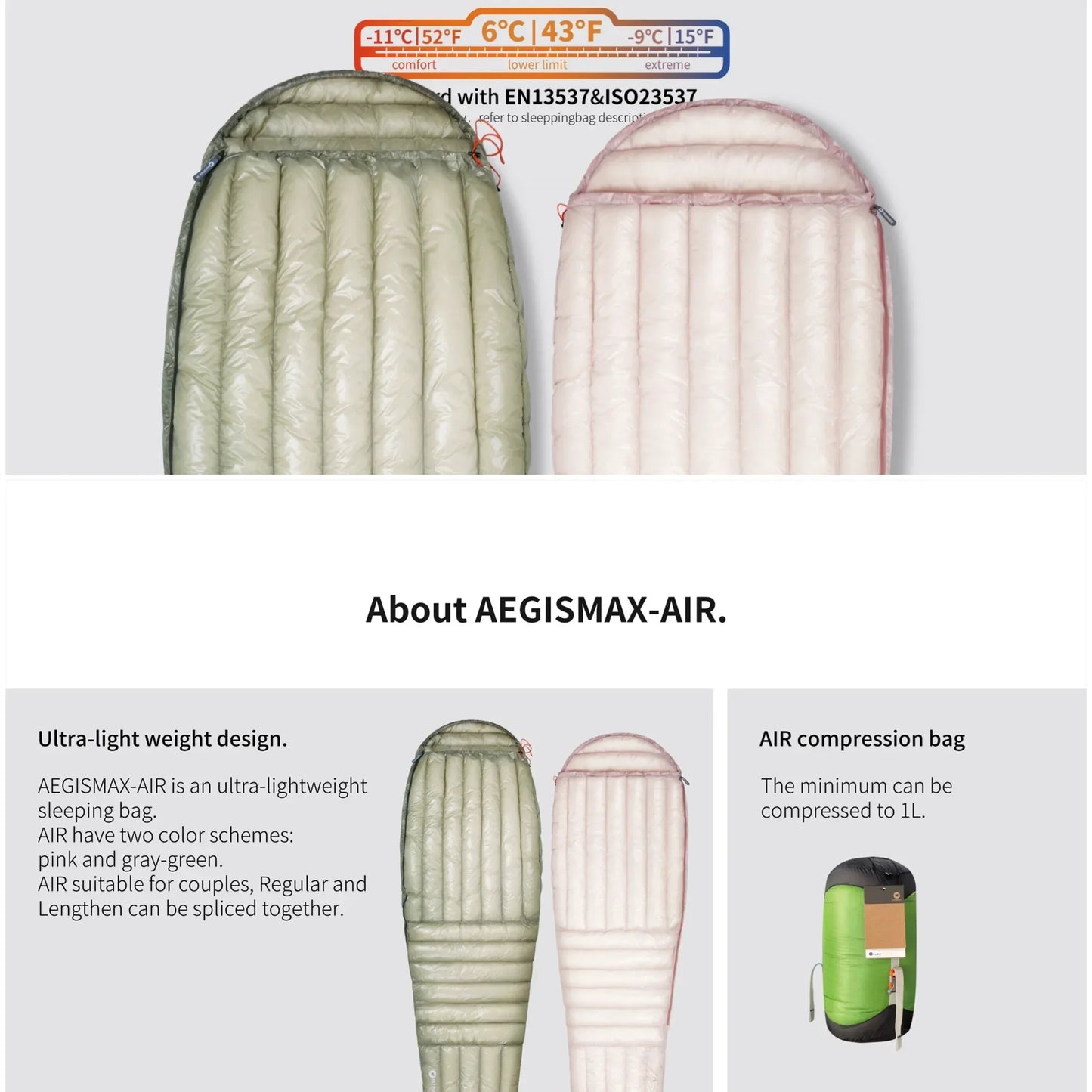 AEGISMAX AIR 10D 6 Degree Lightweight Ultra Dry Duck Down Pro 800FP Ultralight Sleeping Bag for Traveling Hiking Camping