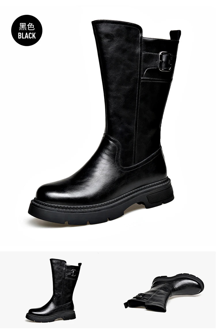 Tall Boots for Men Made of Leather with Increased Height and Soft Sole Western Cowboy Plush Insulation Knight Ankle Riding