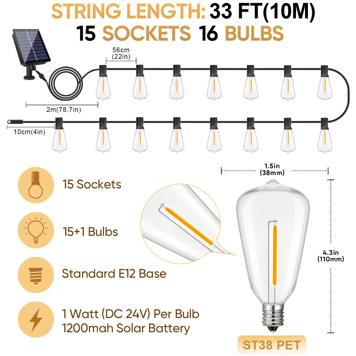 ST38 Solar String Light Outdoor Garland Led Waterproof  Shatterproof Solar String Lights for Outside Camping Yard Party Decor