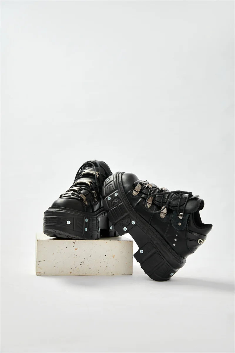 2025 New Punk Style Women Black Rock Metal Decor Lace-up Heel Height Platform Shoes Gothic Man Sneakers Women Ankle Boots