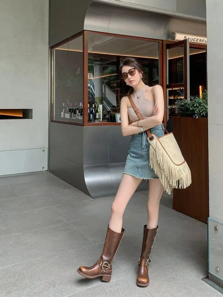 Metal Buckle Square Toe Knee High Boots Women Black PU Leather Punk Long Boots Woman Autumn 2025 Chunky Heels Motorcycle Booties