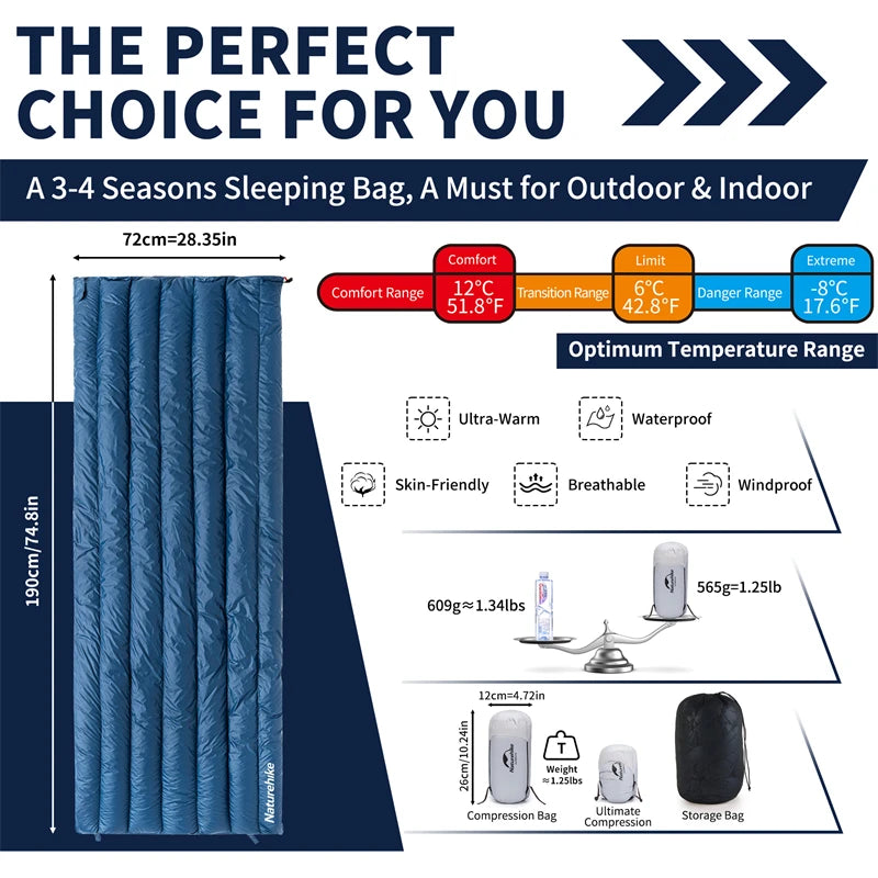 Naturehike Camping Duck Down Sleeping Bag CW295 Spring Warm Waterproof Splicable Double Quilt Ultralight Envelope Sleeping Bag