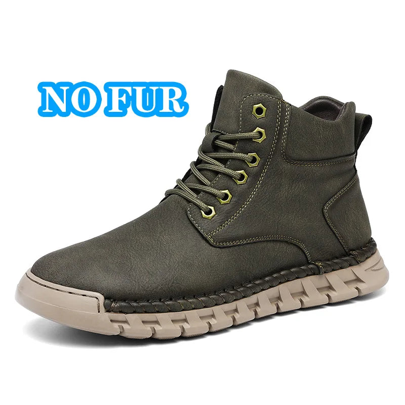 Lace-Up Men's High Top Shoes Classic Winter Men Ankle Boots Version Casual Motorcycle Boots Male Winter Plush Snow Leather Botas