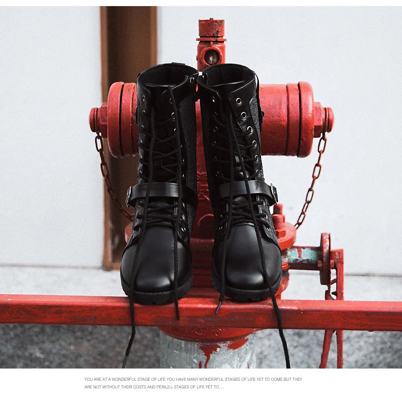 Retro Mid-Carf Punk Boots Winter Men's Plus Velvet Motorcycle Boots All-match Tooling Shoes Denim Mid-high Boots Men botas mujer