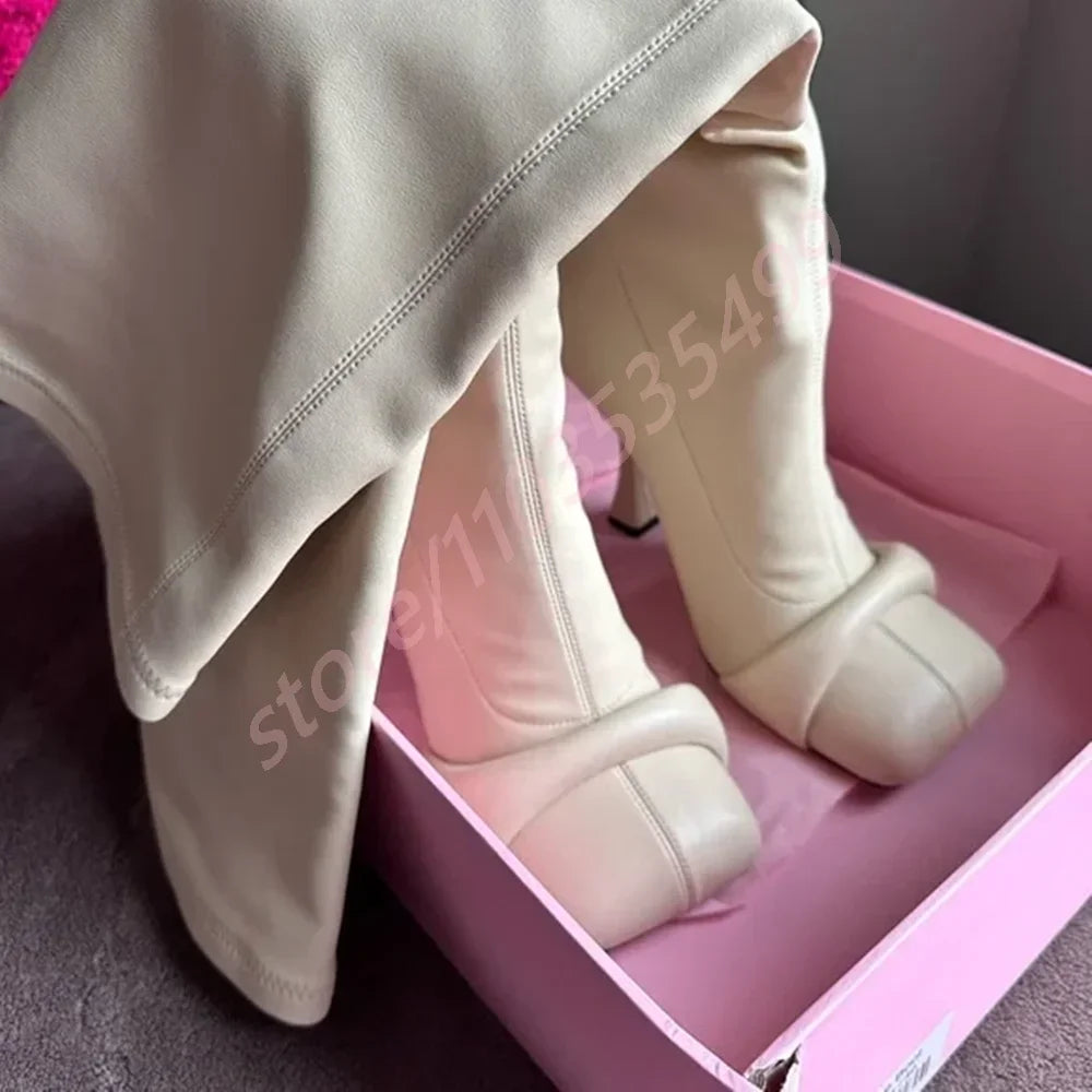 Square Toe Ladies Sexy Knee-High Leather Boots High Heel Pleated Boots Party Zipper Boots 2025 New Street Fashion Catwalk Boots