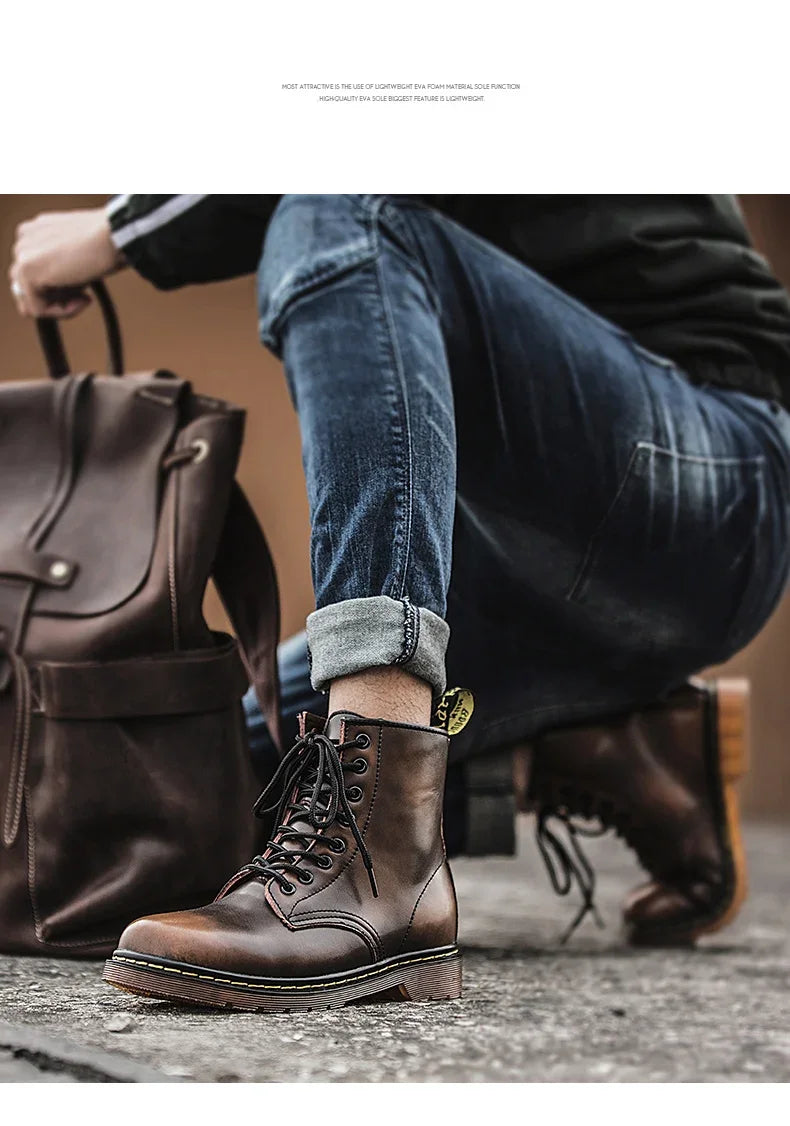 New Couple Boots Genuine Leather Motorcycle Shoes Breathable Waterproof Anti-Slip Warm Cotton Men's Women's Fashion Ankle Boots